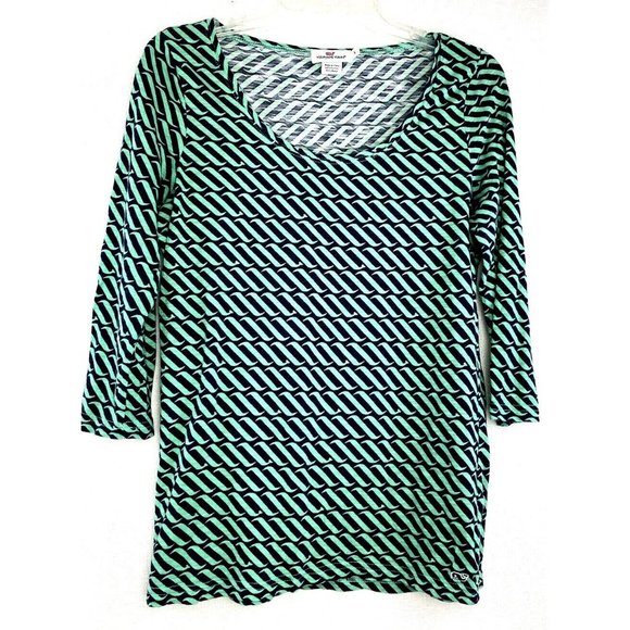 VINEYARD VINES Swell Print Top Navy Blue Green ish Wave Cotton 3/4 Sleeve Small - Picture 1 of 8